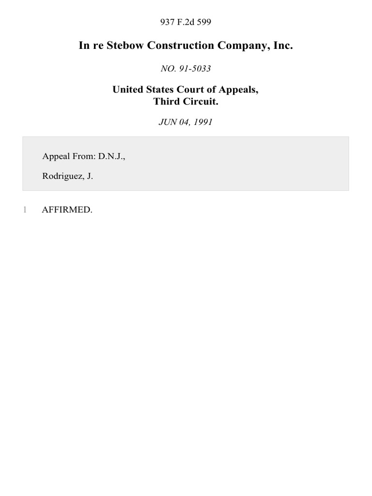 In Re Stebow Construction Company, Inc, 937 F.2d 599, 3rd Cir. (1991 ...