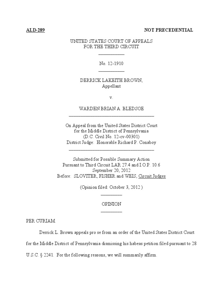 Derrick Brown v. Bryan Bledsoe, 3rd Cir. (2012) PDF Precedent
