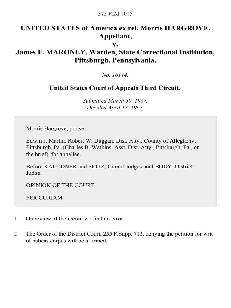UNITED STATES of America Ex Rel. Morris HARGROVE, Appellant, v. James F