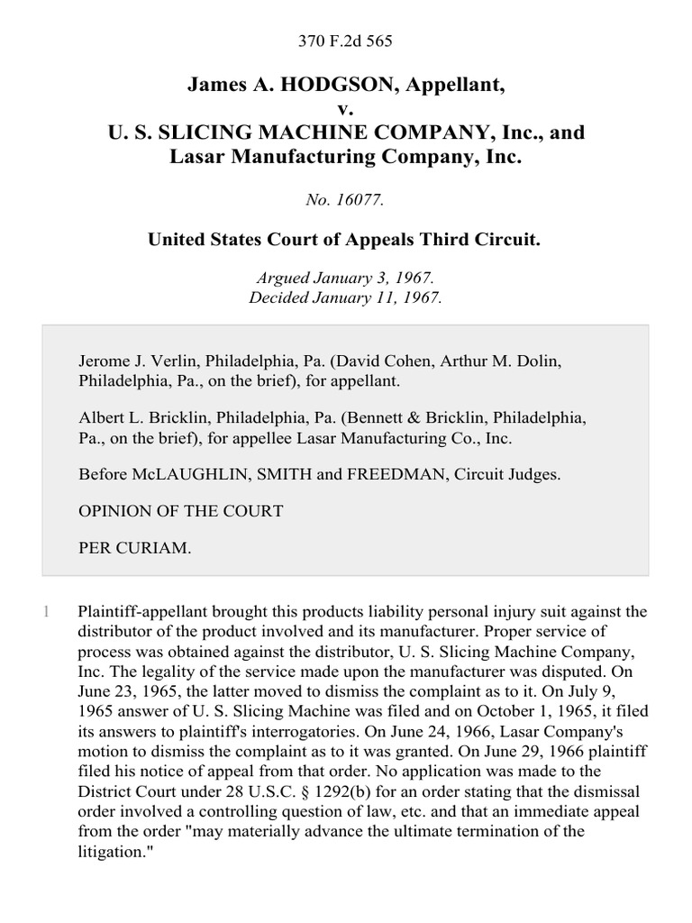 James A. Hodgson v. U. S. Slicing MacHine Company, Inc., and Lasar