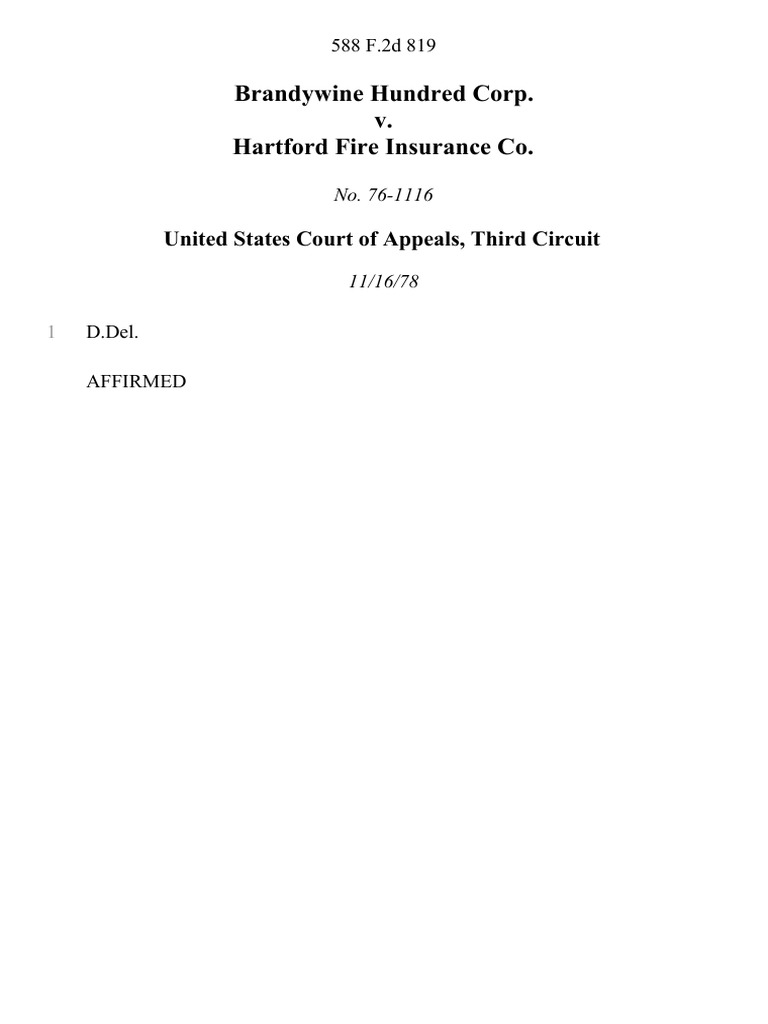 Brandywine Hundred Corp. v. Hartford Fire Insurance Co, 588 F.2d 819