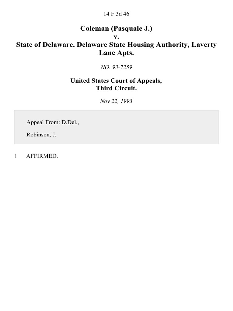 Coleman (Pasquale J.) v. State of Delaware, Delaware State Housing