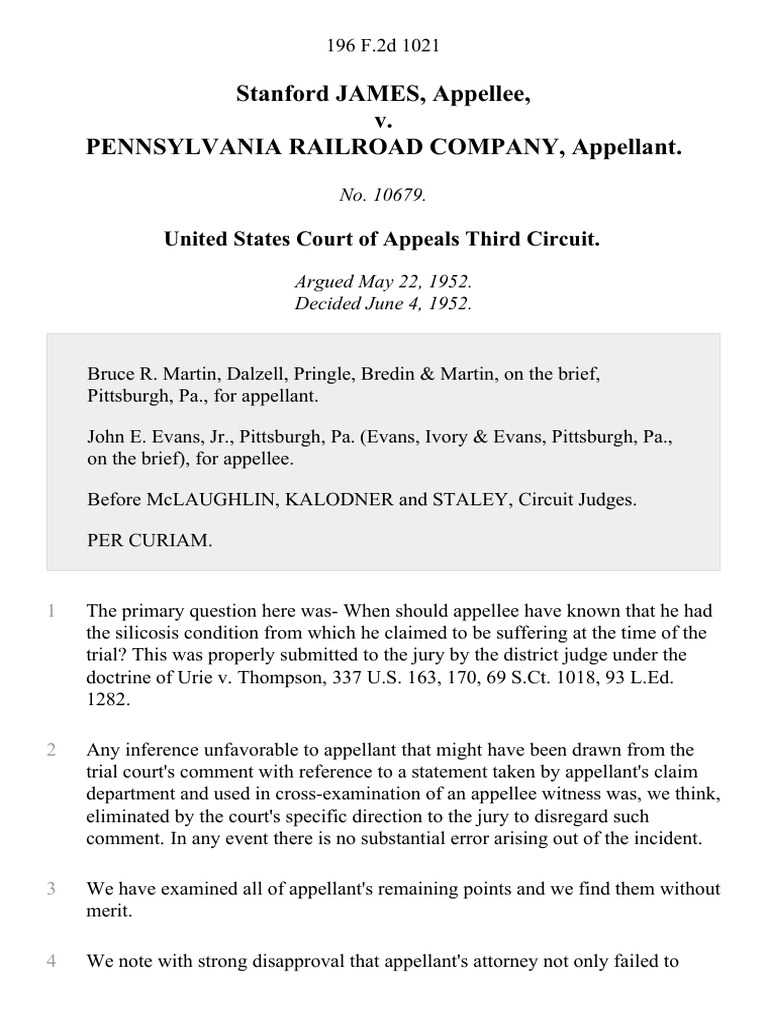 Stanford James v. Pennsylvania Railroad Company, 196 F.2d 1021, 3rd Cir