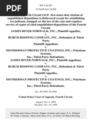 James River-Norwalk, Inc. v. Burch Roofing Company, Inc., & Third Party v. Isotherman Protective Coatings, Inc. Polythane Systems, Inc., Third-Party James River-Norwalk, Inc. v. Burch Roofing Company, Inc., & Third Party v. Isotherman Protective Coatings, Inc. Polythane Systems, Inc., Third-Party, 891 F.2d 287, 3rd Cir. (1989)