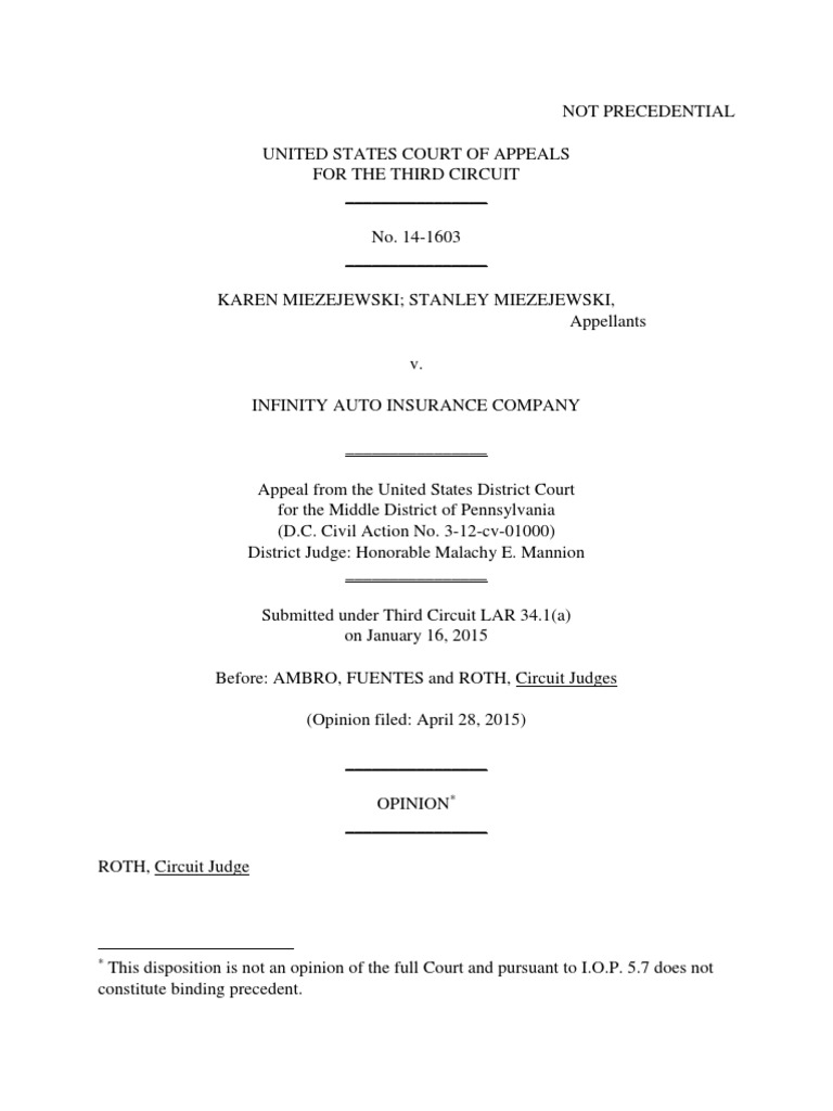Karen Miezejewski v. Infinity Auto Insurance Compan, 3rd