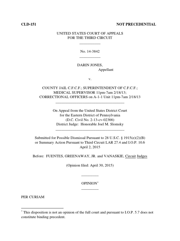 Darin Jones v. County Jail CFCF, 3rd Cir. (2015) PDF Supplemental Jurisdiction Precedent