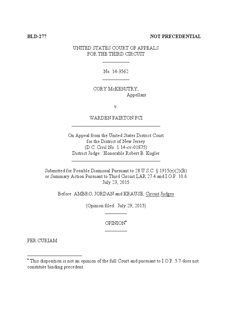 Cory McKenstry v. Warden Fairton FCI, 3rd Cir. (2015) PDF Habeas