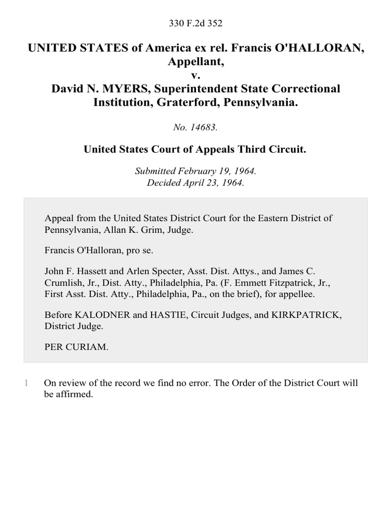 United States of America Ex Rel. Francis O'HallOran v. David N. Myers