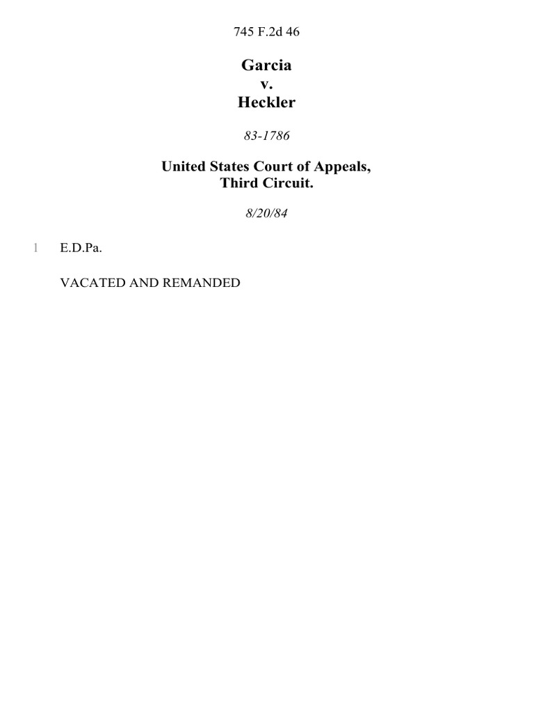 Garcia v. Heckler, 745 F.2d 46, 3rd Cir. (1984) Download Free PDF