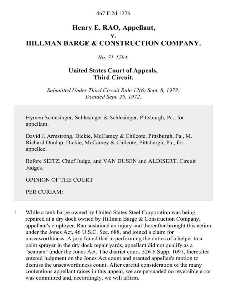 Jones Act Appeal: Rao v. Hillman Barge | PDF | Appeal | Precedent