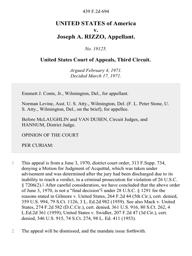 United States v. Joseph A. Rizzo, 439 F.2d 694, 3rd Cir. (1971) | PDF
