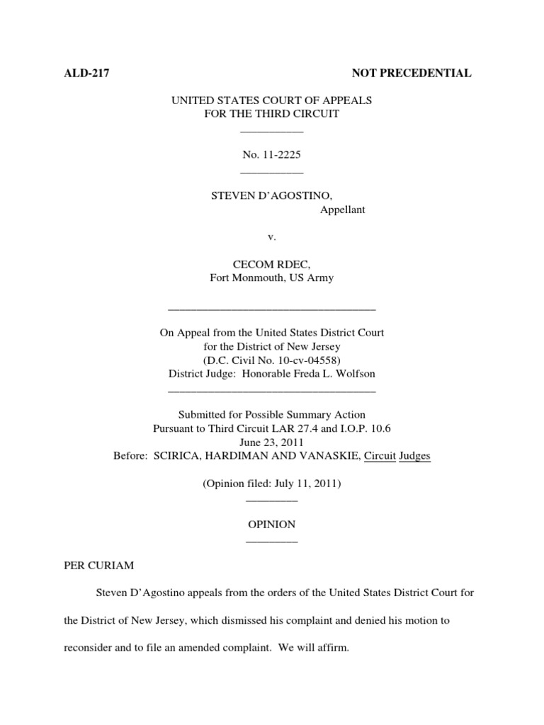 Steven D'Agostino v. CECOM RDEC, 3rd Cir. (2011) | PDF | Federal Rules ...