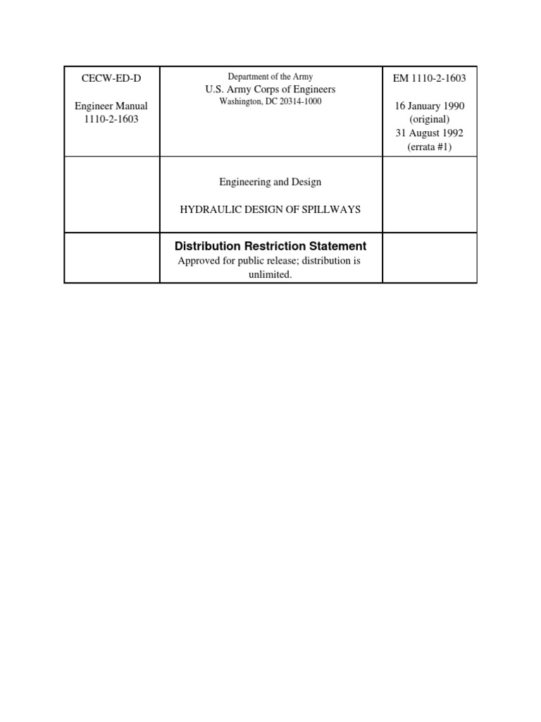 Cecw-Ed-D Engineer Manual 1110-2-1603 U.S. Army Corps of Engineers EM ...