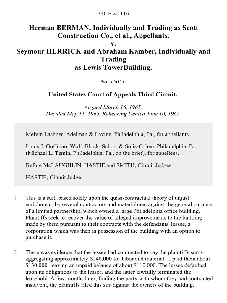 Herman Berman, Individually and Trading As Scott Construction Co. v ...