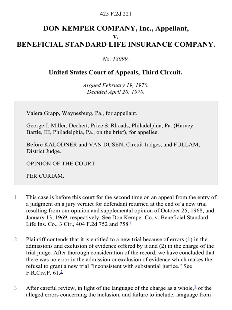 Don Kemper Company, Inc. v. Beneficial Standard Life Insurance Company, 425 F.2d 221, 3rd Cir