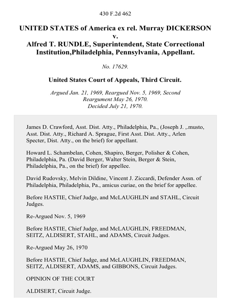 United States of America Ex Rel. Murray Dickerson v. Alfred T. Rundle ...