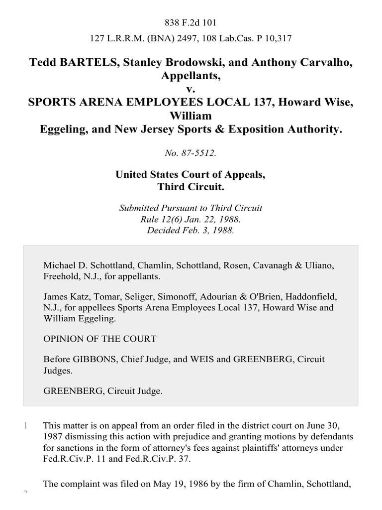 Tedd Bartels, Stanley Brodowski, and Anthony Carvalho v. Sports Arena