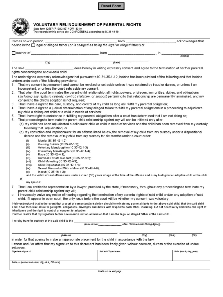 Voluntary Relinquishment Form | PDF | Child Custody | Manslaughter