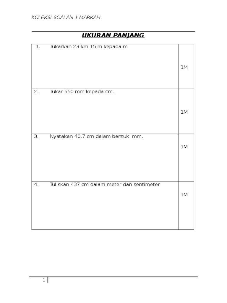 1 Markah 7 Ukuran Panjang Pdf