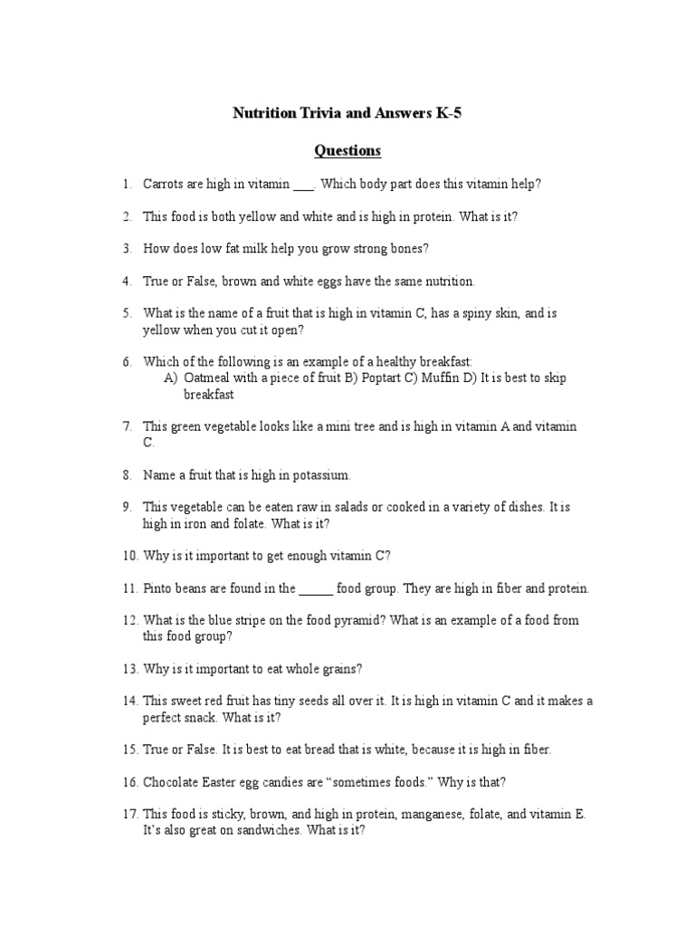 K-5 Nutrition Trivia Questions & Answers | PDF | Fruit | Vitamin