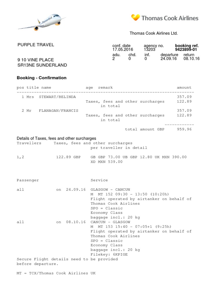 Thomas Cook Example Reference Booking | PDF | Dangerous Goods ...