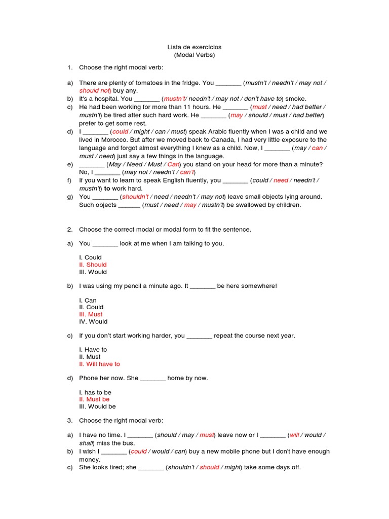 Modal Verbs Exercícios Com Gabarito – TEPEHL