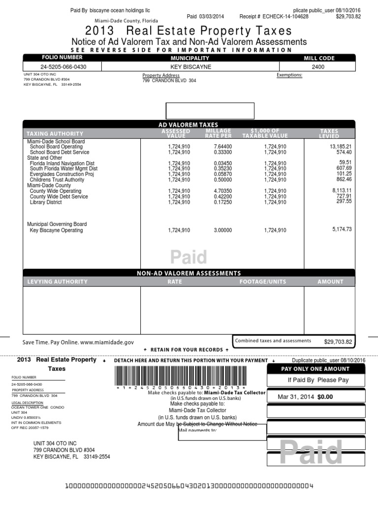Miami Dade County Real Estate 24 5205 066 0430 2013 Annual Bill