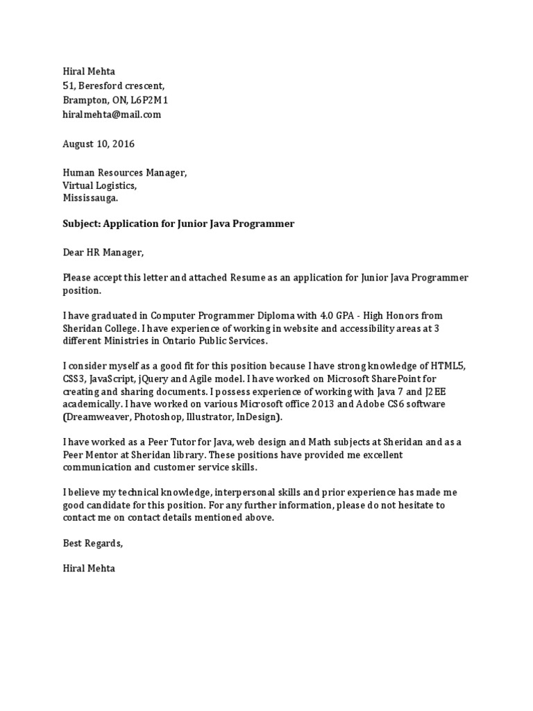 Junior Java Programmer Application Letter | PDF | Business