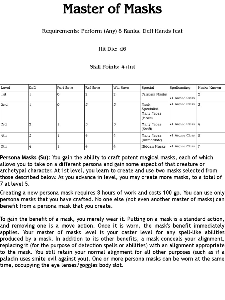 Master of Masks Homebrew, Tales of Ivoire PDF Fantasy Role Playing