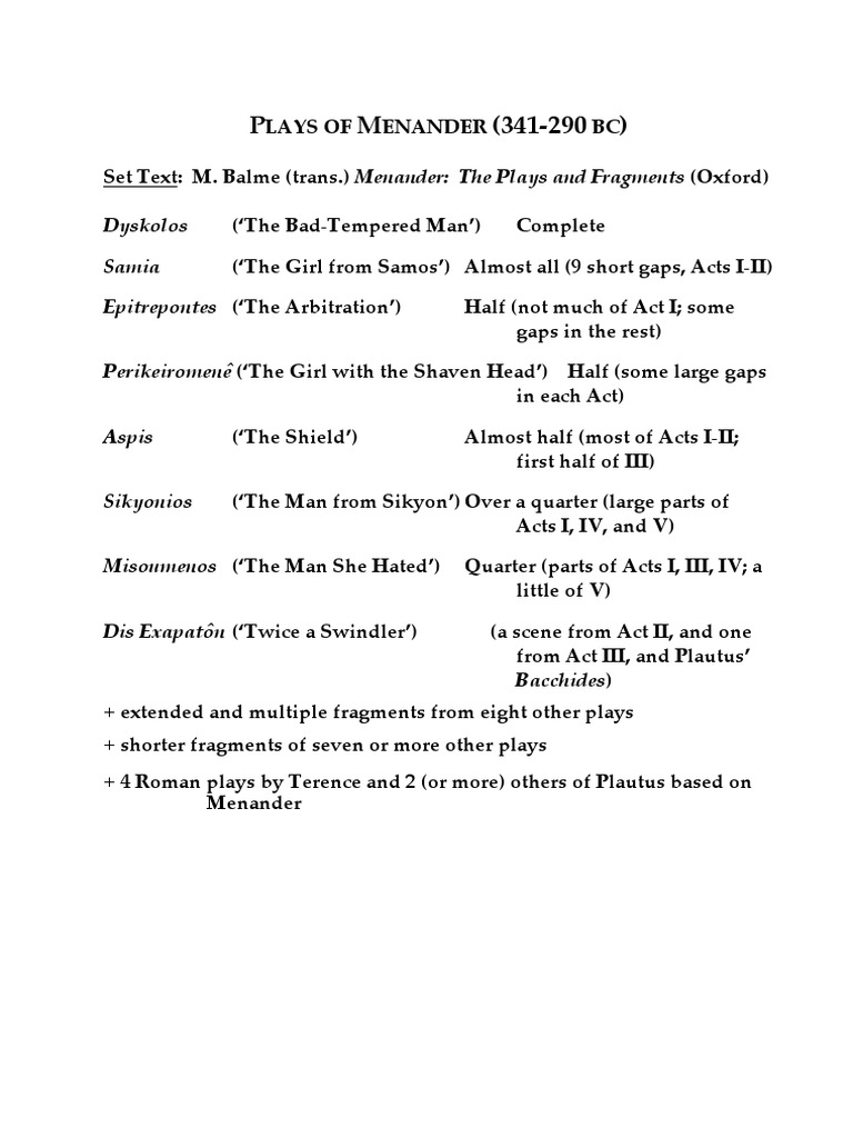 Menander's Plays: Key Works Overview | PDF | Art | History