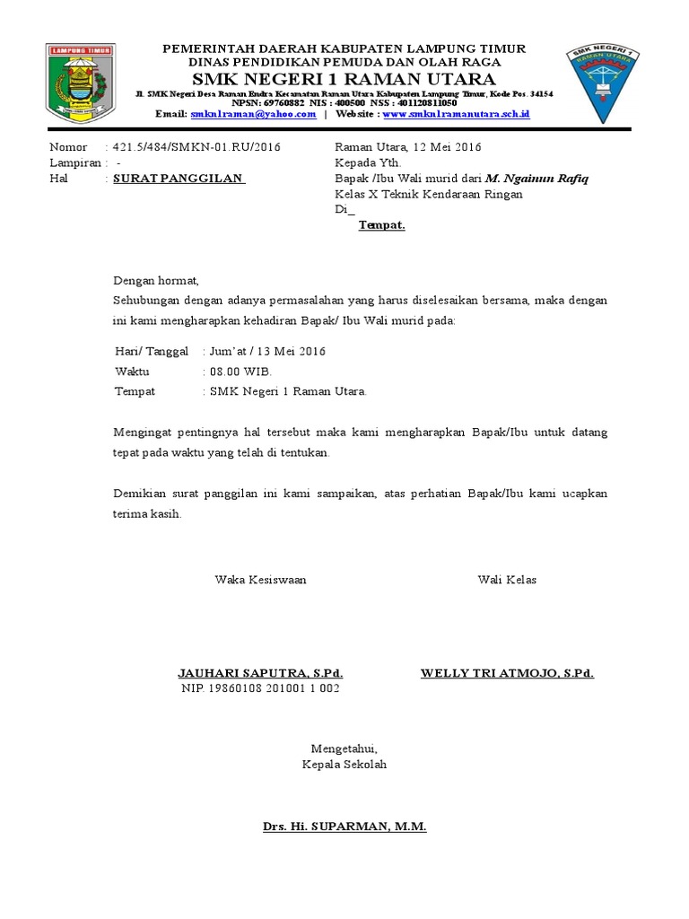 Surat Panggilan Orangtua Siswa Bermasalah