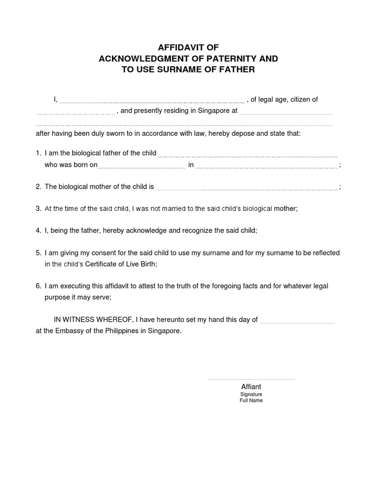 Affidavit of Acknowledgment of Paternity and To Use Surname of Father | PDF