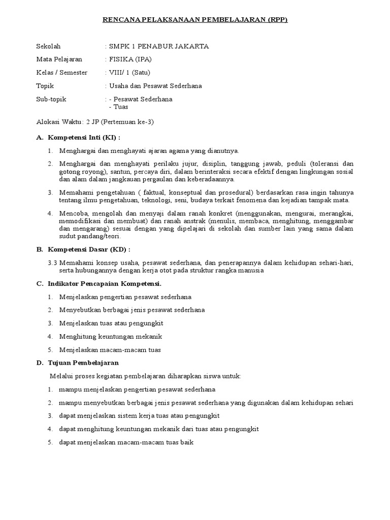 Rpp Kelas 8 Bab 2 Pert 3 Pesawat Sederhana Tuas Pdf
