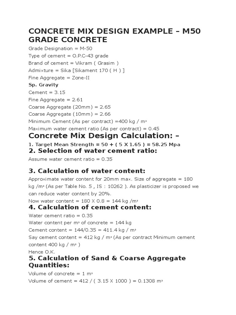 Concrete Mix Design Example M50 Grade Concrete 2. Selection of Water Cement Ratio 3