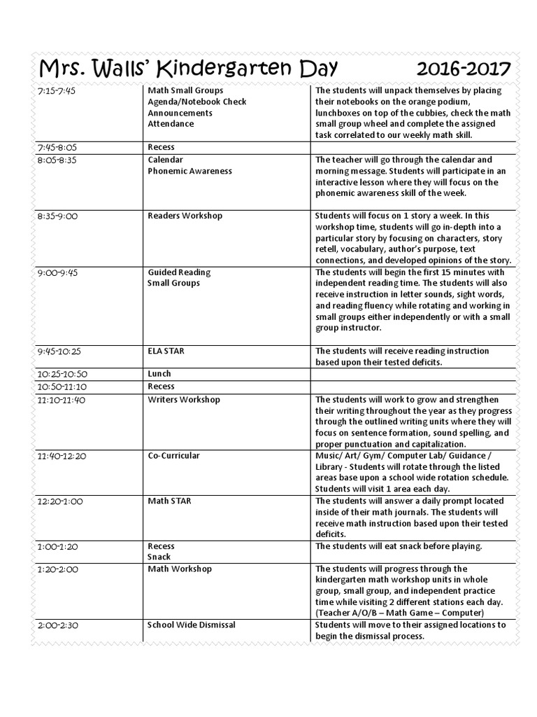 Mrs. Walls' Kindergarten Daily Schedule | PDF | Language Arts & Discipline