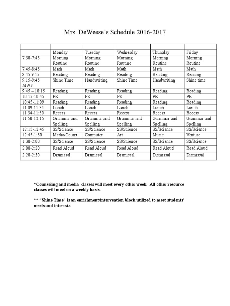 Mrs. DeWeese's 2016-2017 Class Schedule | PDF | Language Arts & Discipline