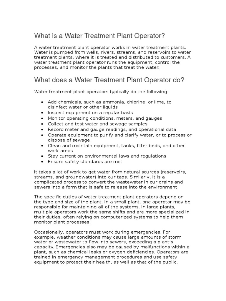 What Is A Water Treatment Plant Operator PDF Sewage Treatment