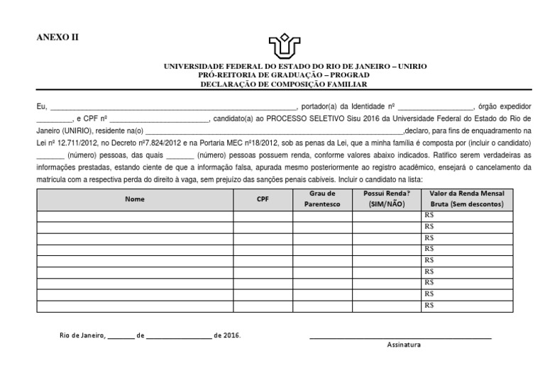 Declaração de Composição Familiar UNIRIO | PDF | Carreira e Crescimento