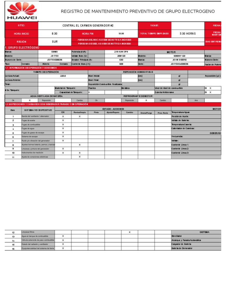 Registro de Mantenimiento Preventivo de Grupo Electrogeno