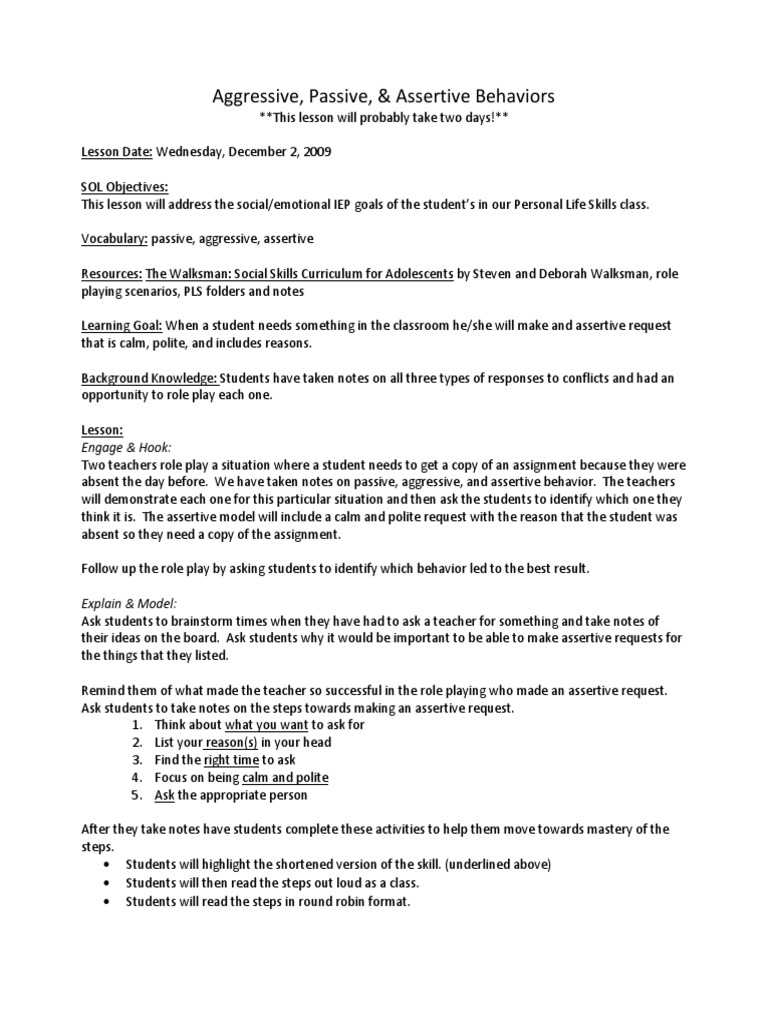 Aggressive, Passive, & Assertive Behaviors Lesson Plan | PDF ...