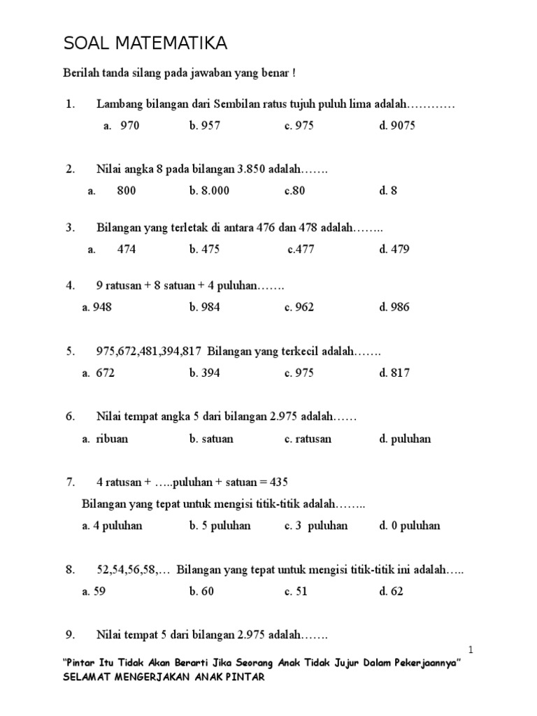 Soal Matematika SD Kelas 3 Semester 1 | PDF | Seni & Disiplin Bahasa ...