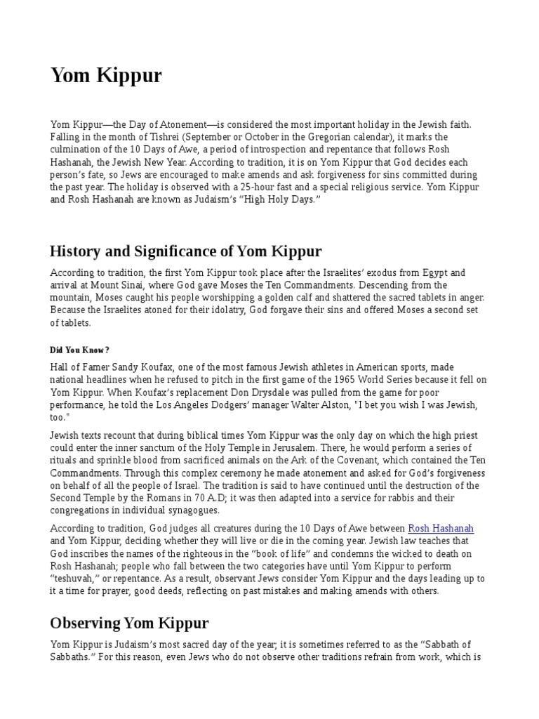 History and Significance of Yom Kippur PDF Yom Kippur High Holy Days