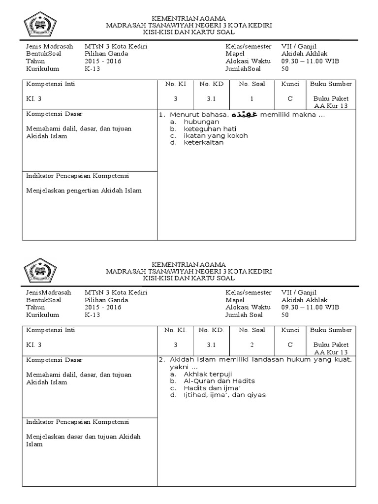 Kartu Soal Aa Smt Ganjil Kls 7 Docx