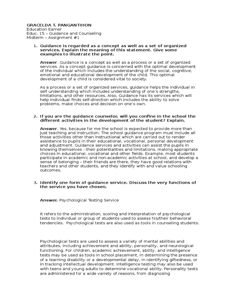 Assignment 1 and 2 - Educ 15 Guidance and Counseling | PDF ...