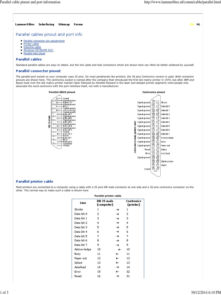 Parallel Cable Pinout and Port Information PDF Electrical Connector
