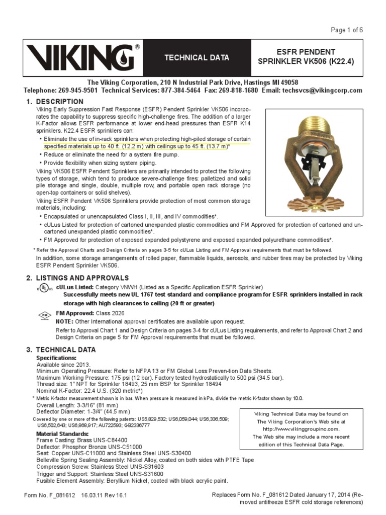 Technical Data Sheet for Viking Early Suppression Fast Response (ESFR) Pendent Sprinkler VK506