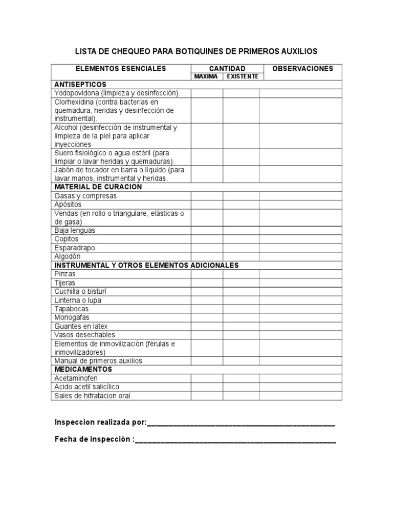 Lista de Chequeo para Botiquines de Primeros Auxilios | PDF