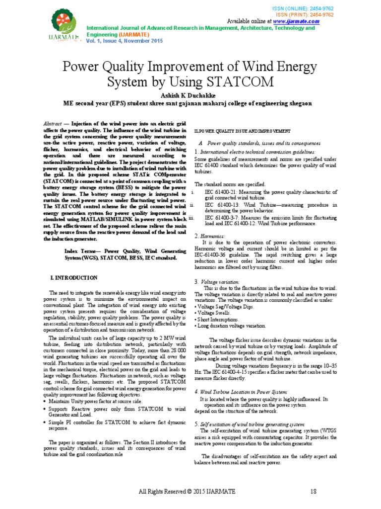 Power Quality Improvement of Wind Energy System by Using STATCOM | PDF