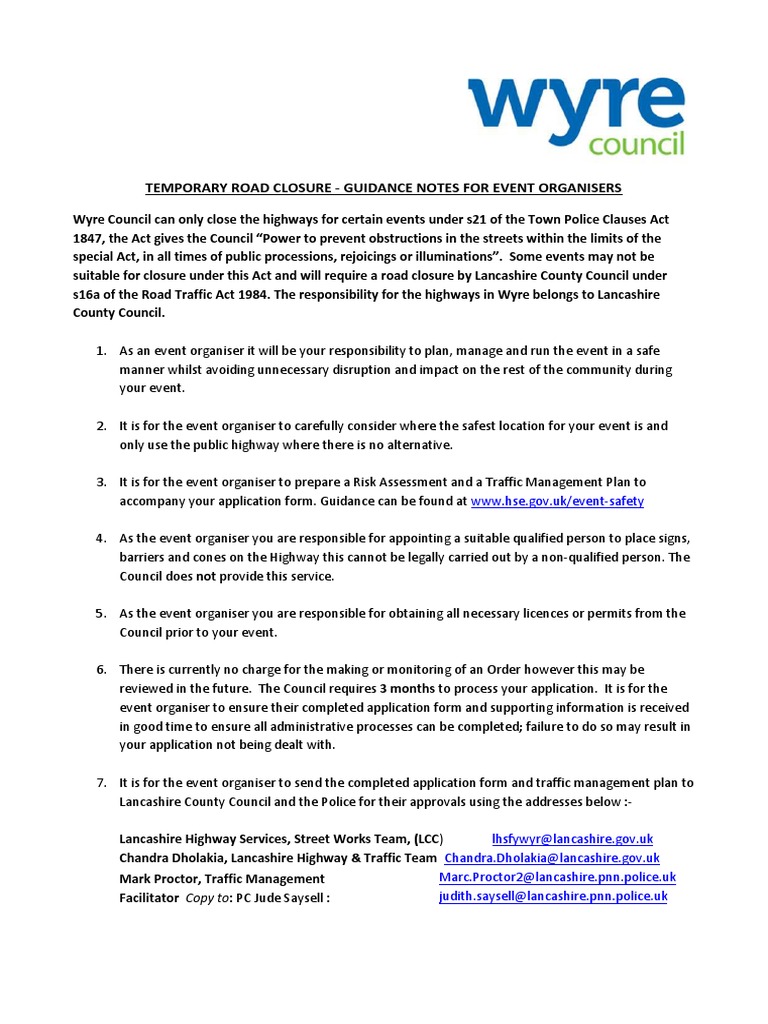Application For Temporary Road Closure Legal 20th Jan 14 | PDF ...