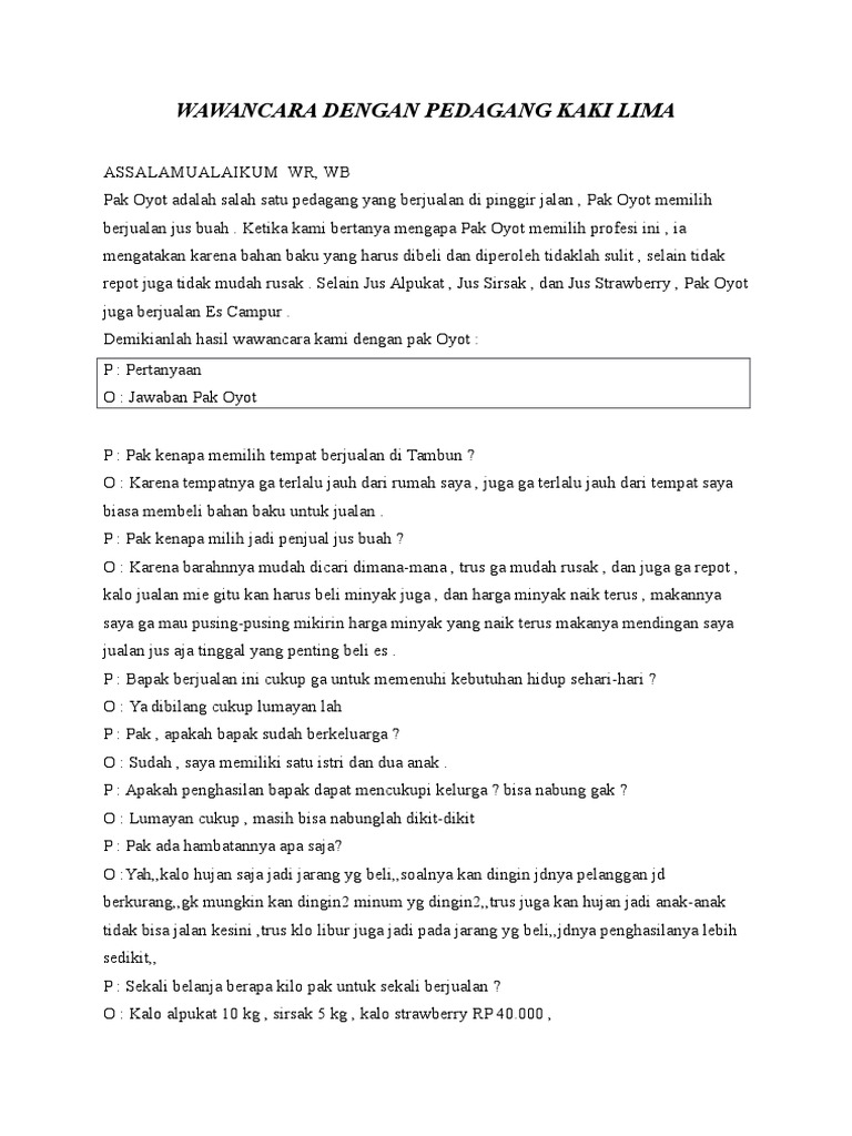 Makalah Wawancara Pedagang Kaki Lima Contoh Makalah